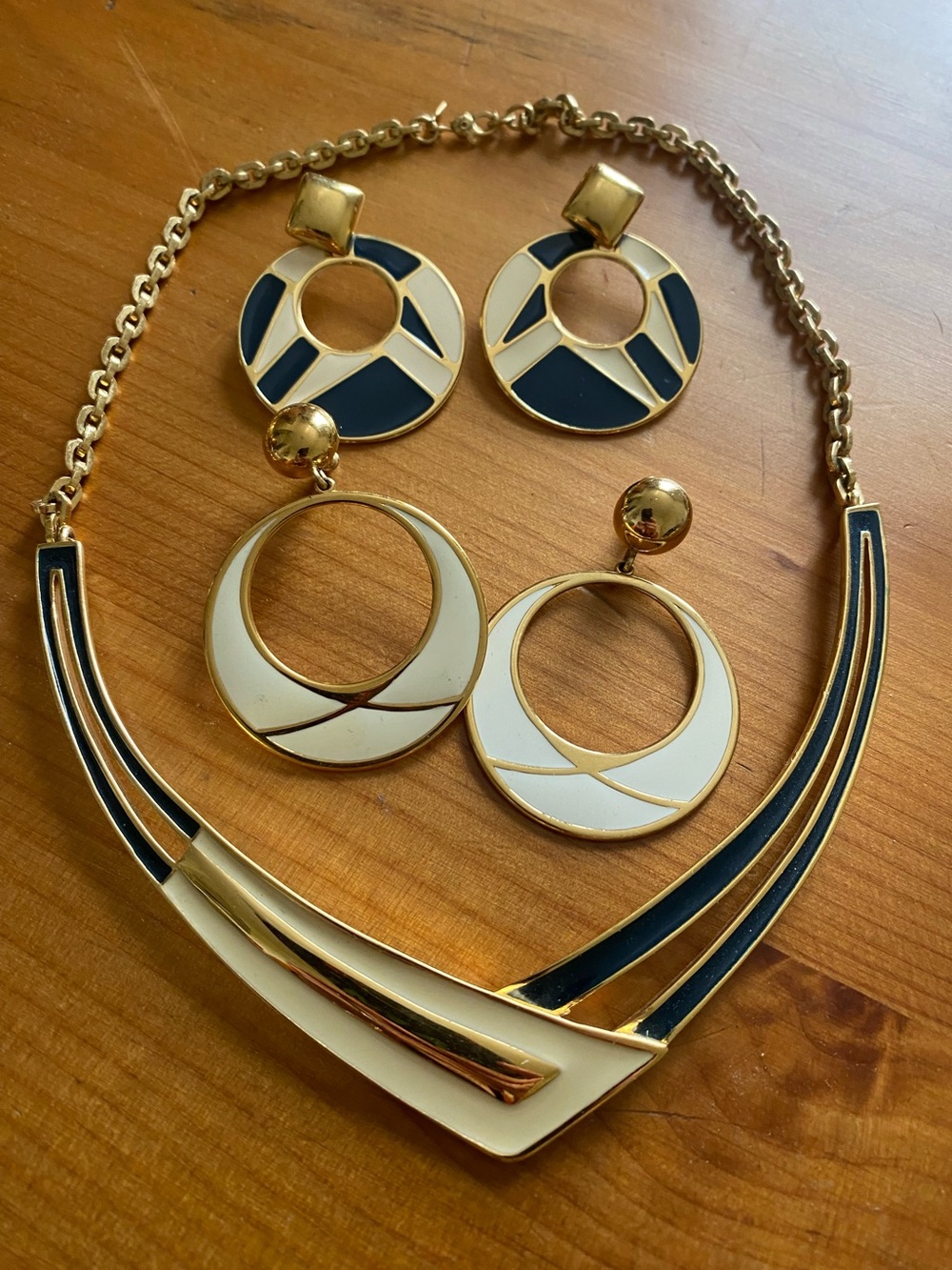 Vintage Monet Geometric Necklace + 2 Round Post Earrings Gold Tone Blue Cream